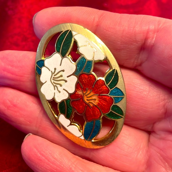 Vintage Cloisonne Floral Design Brooch - Picture 8 of 10